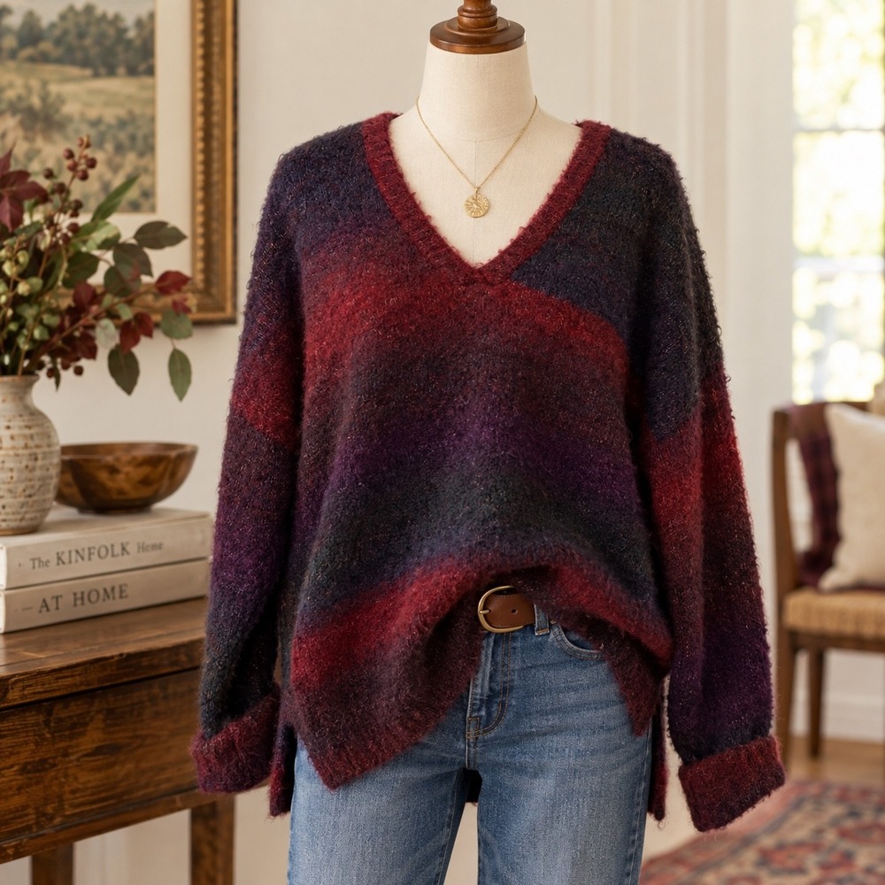 Natural Life XL Oversized Fuzzy V-Neck Sweater Burgundy Purple Wool Blend
